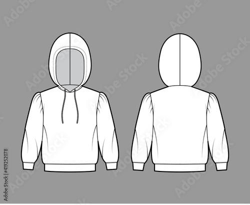 Hoody sweatshirt technical fashion illustration with elbow sleeves, relax body, banded hem, drawstring. Flat small apparel template front, back, white color style. Women, men, unisex CAD mockup