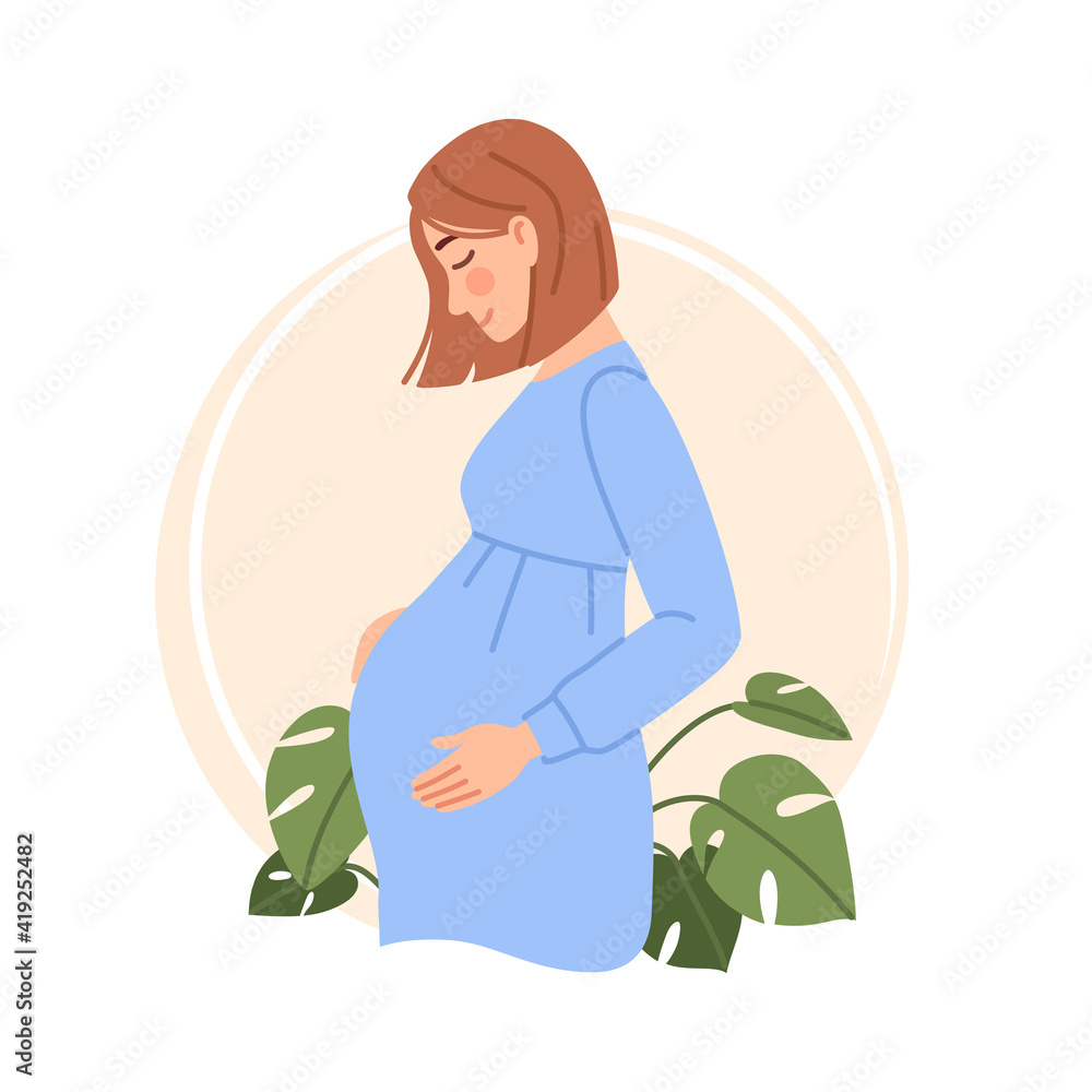 Pregnant woman portrait isolated on white. Flat happy smiling young girl  expecting a baby hold pregnant belly. Pregnancy concept. Poster banner  character design. Cartoon maternity vector illustration. Stock Vector