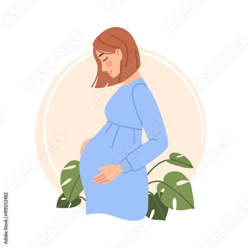 Pregnant woman portrait isolated on white. Flat happy smiling young girl expecting a baby hold pregnant belly. Pregnancy concept. Poster banner character design. Cartoon maternity vector illustration.