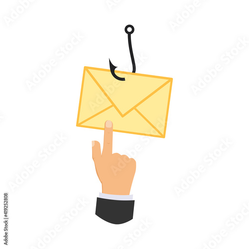 Clickbait. Man about to open a fake message. Vector illustration.