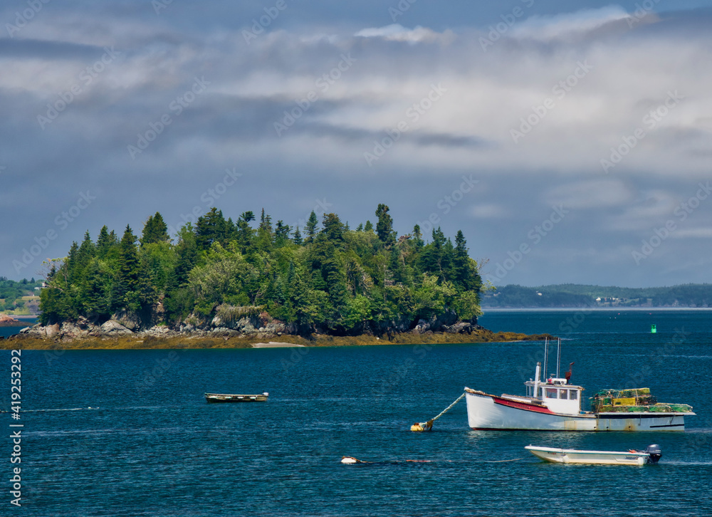 USA, Maine, Lubec. Fishing boat anchored at Lubec, Maine.