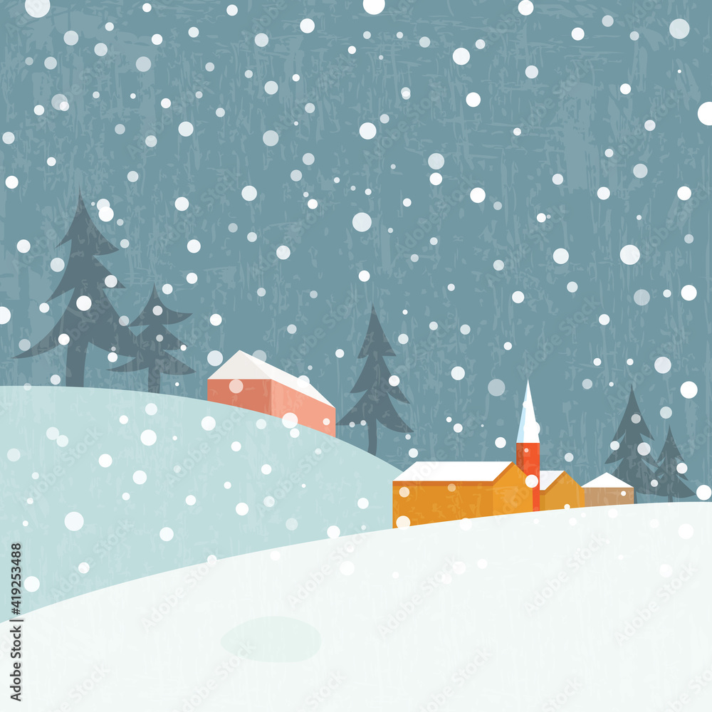 Winter background. Beautiful view of the snowy village at night. Vector illustration