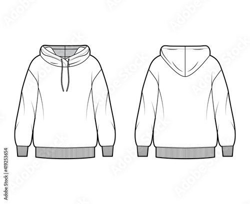 Hoody sweatshirt technical fashion illustration with long sleeves, oversized body, knit rib cuff, banded hem. Flat extra large apparel template front, back, white color style. Women, men CAD mockup