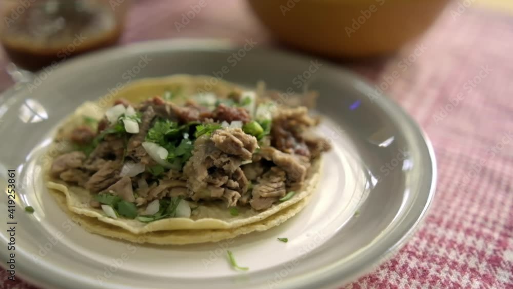 Beef barbacoa taco on white plate with blurry background Beef barbacoa taco on white plate with blurry background