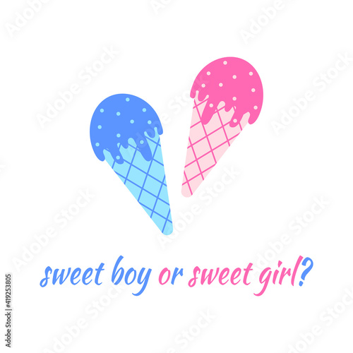 Blue and pink ice creams. Boy or girl concept. Gender reveal party invitation card or banner. Vector flat illustration.