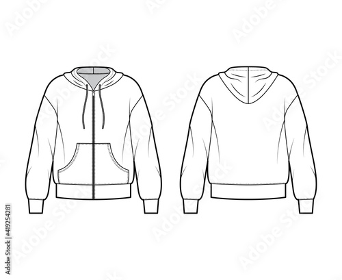 Zip-up Hoody sweatshirt technical fashion illustration with long sleeves, oversized body, kangaroo pouch, banded hem. Flat large apparel template front, back, white color. Women, men unisex CAD mockup