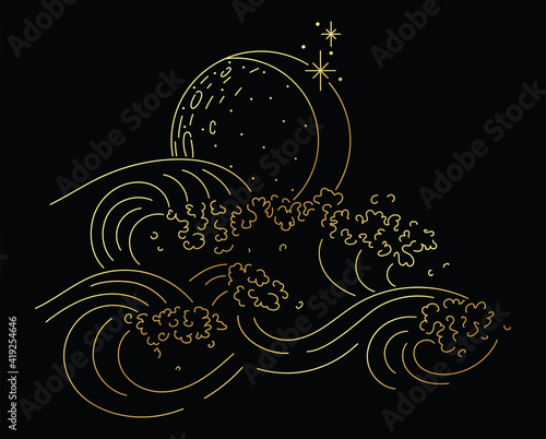 Golden luxury vector lineart illustration sea waves with splashes on black background with moon