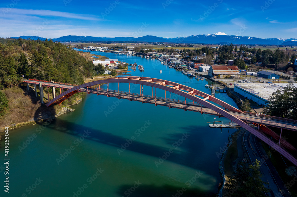 Rainbow Bridge in the Town of La Conner, Washington. Rainbow Bridge connects Fidalgo Island and La Conner, crossing Swinomish Channel in Skagit County. National Register of Historic Places.
