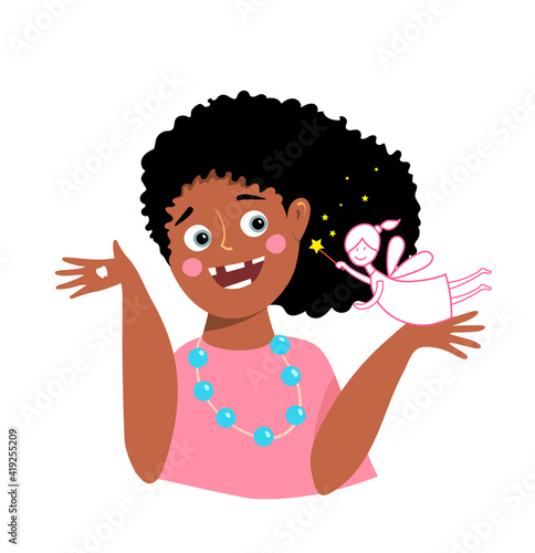 Happy edentulous African American black girl missing her teeth, with funny tooth fairy character. Kids and children dental and orthodontist care illustration design. Vector cartoon.