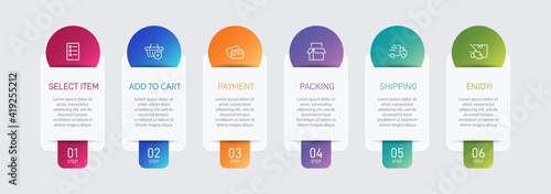 Concept of shopping process with 6 successive steps. Six colorful graphic elements. Timeline design for brochure, presentation, web site. Infographic design layout.