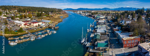 Aerial View of the Tourist Town La Conner, Washington. La Conner is one of the best places to visit in spring with its brilliant fields of daffodils and the yearly Skagit Valley Tulip Festival.