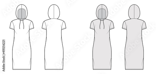 Hoody dress technical fashion illustration with short sleeves, knee length, oversized body, Pencil fullness. Flat sweater apparel template front, back, white, grey color. Women, men, unisex CAD mockup