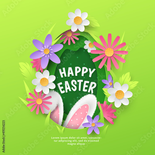 Cute holiday banner with vector layered paper cutout egg, realistic 3D fur ears of bunny, spring flowers, grass on green background. Cartoon festive template with text Happy Easter for greeting card.