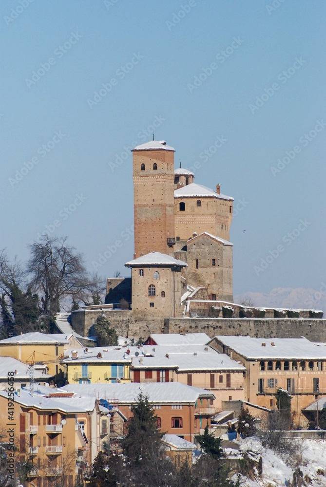 Castle of Serralunga d'Alba with snow, Piedmont - Italy