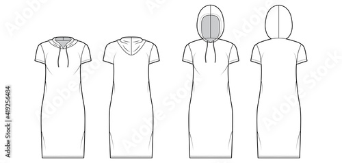 Set of Hoody dresses technical fashion illustration with short sleeves, knee length, oversized body, Pencil fullness. Flat apparel template front, back, white color. Women, men, unisex CAD mockup