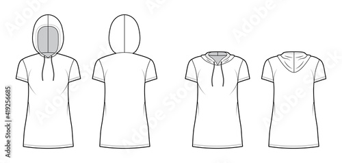 Set of Hoody dresses technical fashion illustration with short sleeves, mini length, oversized body, Pencil fullness. Flat apparel template front, back, white color. Women, men, unisex CAD mockup