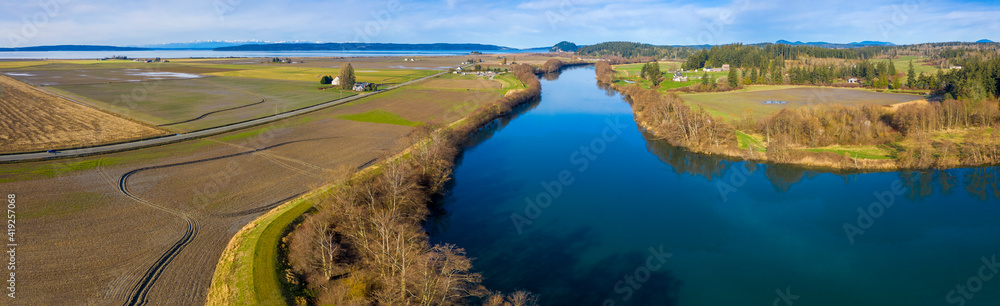 Aerial View of the Skagit Wildlife Area, South Fork of the Skagit River. The Skagit estuary contains critical habitats for waterfowl, shorebirds, fish and other aquatic species. Conway, WA.