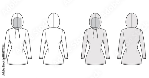 Hoody dress technical fashion illustration with long sleeves, mini length, fitted body, Pencil fullness. Flat apparel sweater template front, back, white, grey color style. Women men unisex CAD mockup