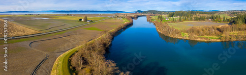 Aerial View of the Skagit Wildlife Area, South Fork of the Skagit River. The Skagit estuary contains critical habitats for waterfowl, shorebirds, fish and other aquatic species. Conway, WA.