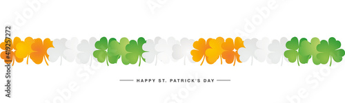 Happy Saint Patrick's Day. Irish flag with green white orange clovers as background banner pattern