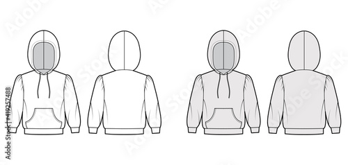 Hoody sweatshirt technical fashion illustration with elbow sleeves, relax body, kangaroo pouch, banded hem, drawstring. Flat apparel template front, back, white, grey color. Women, men, unisex mockup