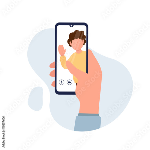 Vector cartoon illustration. Young mele are having video call using the smartphone. Human hand hold device and connect online communication. Grandma, grandpa
