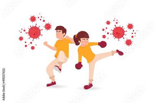 Healthcare medical man and woman protect and fight corona, covid 19 shielding, defending people character flat design gradient style Vector Illustration
