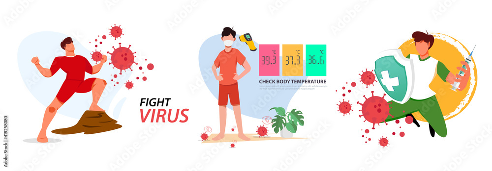 COVID-19 Coronavirus flu patient with high temperature fever concept, doctor holding infrared thermometer to measure body temperature at forehead result in high temperature fever with virus pathogens
