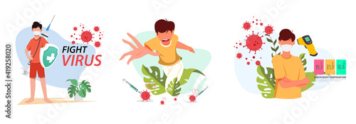 End of quarantine and self isolation. People happy because of stop ilness. Covid-19 ended. Coronavirus finished. Flat vector illustration concept. People free. Back to office.