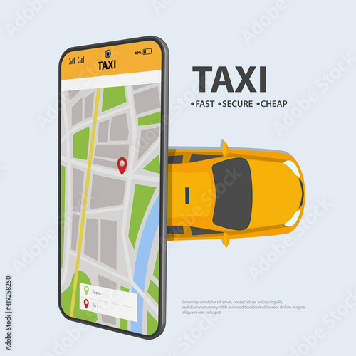 Online ordering taxi car, and rent using service mobile application. taxi near smartphone screen with route and points location on a city map.