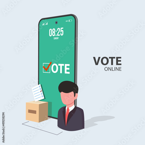 Flat vector concept voting online, e-voting, selection internet system. Concept of online choices with box, bulletins and young man choices on smart phone screen.