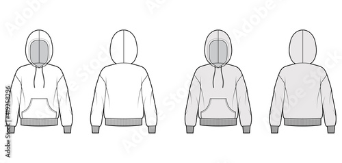 Hoody sweatshirt technical fashion illustration with long sleeves, oversized body, kangaroo pouch, knit rib cuff, banded hem. Flat medium front, back, white, grey color. Women, men, unisex CAD mockup