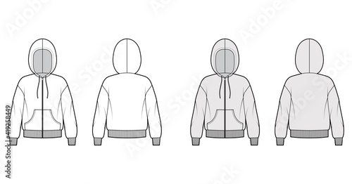 Zip-up Hoody sweatshirt technical fashion illustration with long sleeves, oversized body, kangaroo pouch, knit rib cuff. Flat apparel template front, back, white, grey color. Women, unisex CAD mockup