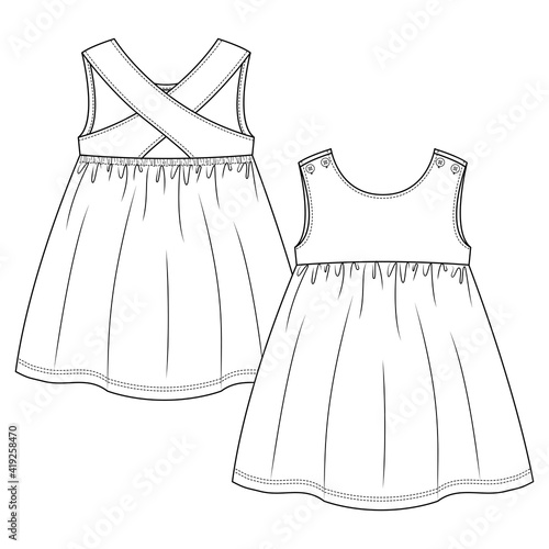 Baby Girls sleeveless dress fashion flat sketch template. Girls Kids Top Technical Fashion Illustration. Strap crossing over at back