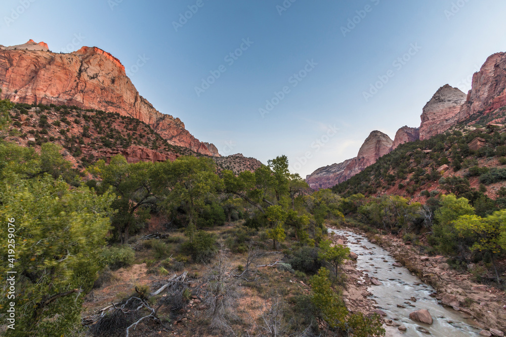 dramatic landscape of the Watchman and the Virgin River in Zion  national park in Utah