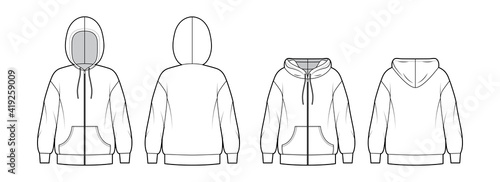 Set of Zip-up Hoody sweatshirt technical fashion illustration with long sleeves, oversized body, kangaroo pouch, banded hem. Flat extra large template front, back, white color. Women, men, unisex CAD