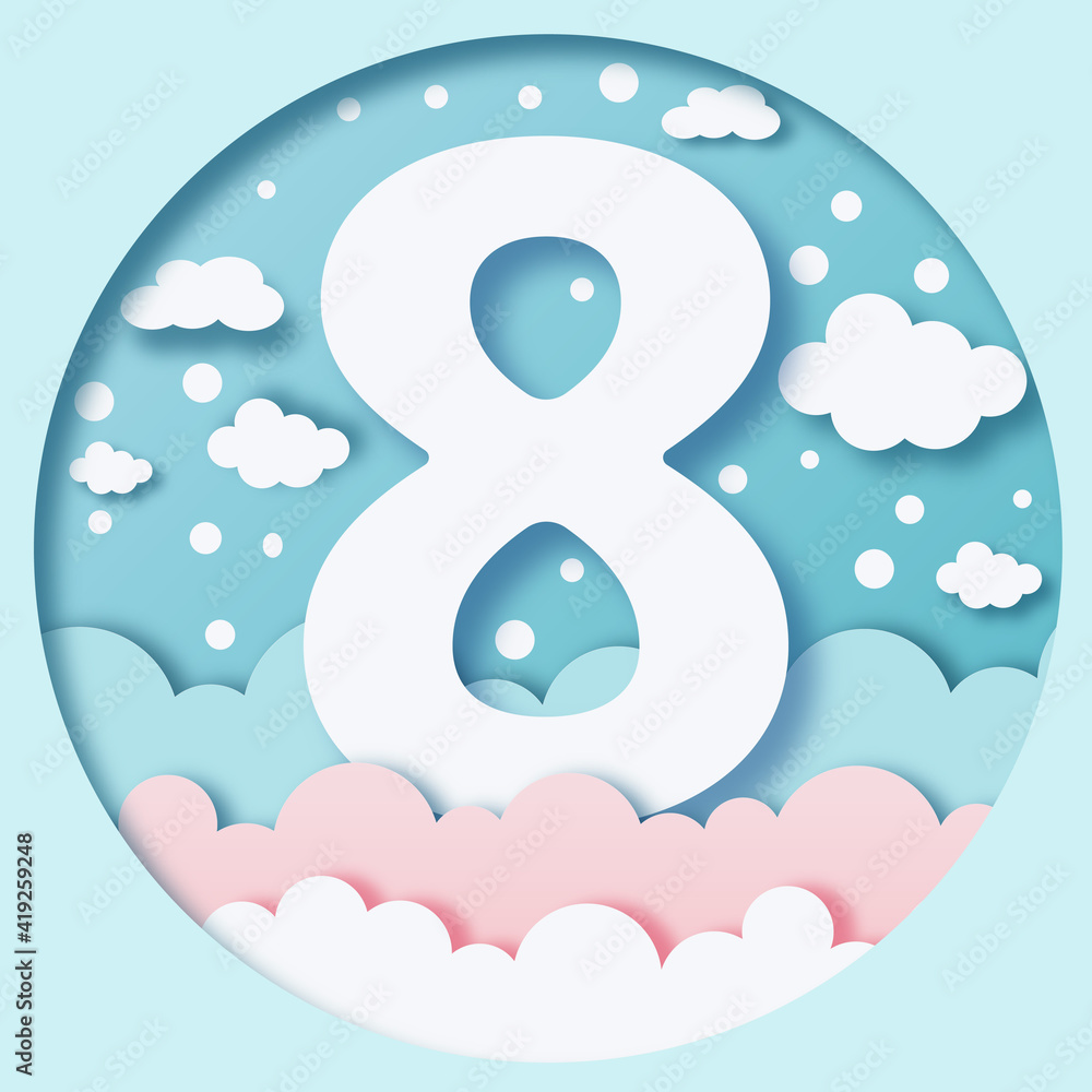 White number eight on a blue background with clouds