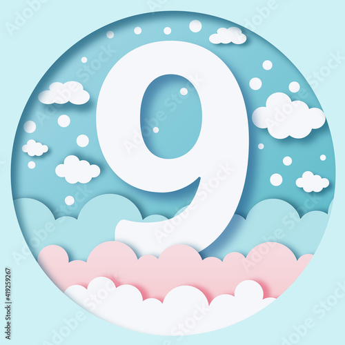 White number nine on a blue background with clouds
