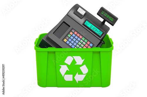 Recycling trashcan with cash register, 3D rendering photo