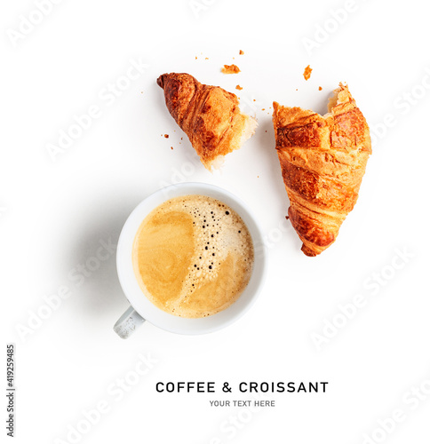 Fototapeta Coffee cup and fresh croissant layout