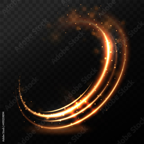 Dynamic golden lines with glow effect. Rotating shining rings. Abstract glittering swirl, wave