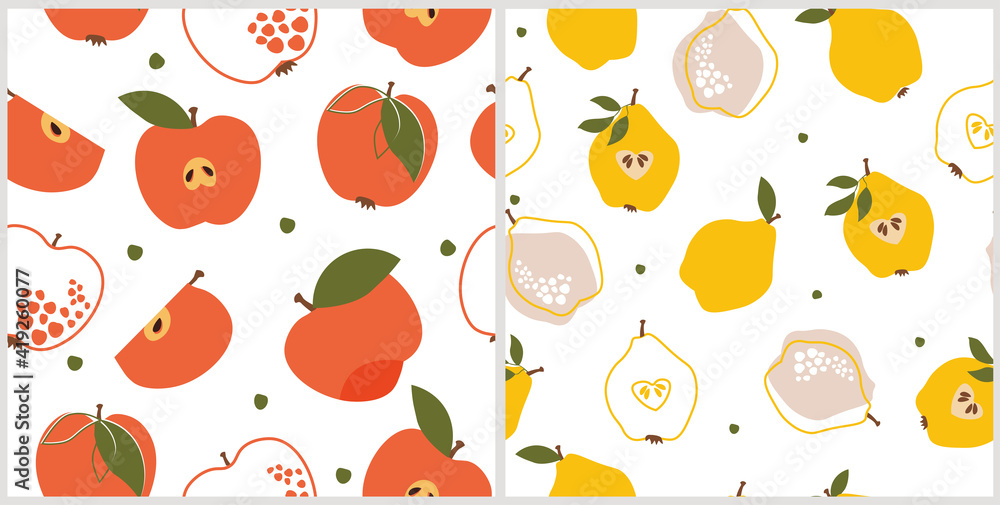 A set of seamless patterns with apples, pears slices, leaves, simple shapes. An ornament with bright summer fruits for prints, wallpaper, packaging, textiles. Vector graphics. A set of seamless patterns with apples, pears slices, leaves, simple shapes. An ornament with bright summer fruits for prints, wallpaper, packaging, textiles. Vector graphics.