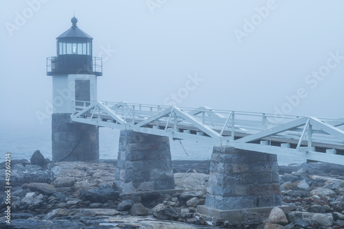 USA  Maine  Port Clyde. Marshall Point Lighthouse in the fog.