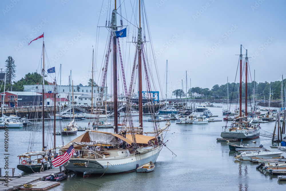 USA, Maine, Camden. Camden Harbor with schooners