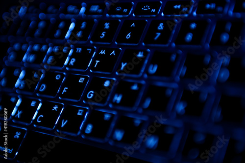 Closeup of laptop keyboard with backlight.