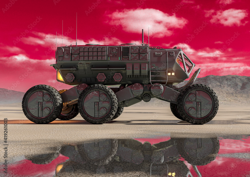 Naklejka premium commander transport on desert after rain side view with reflection on water