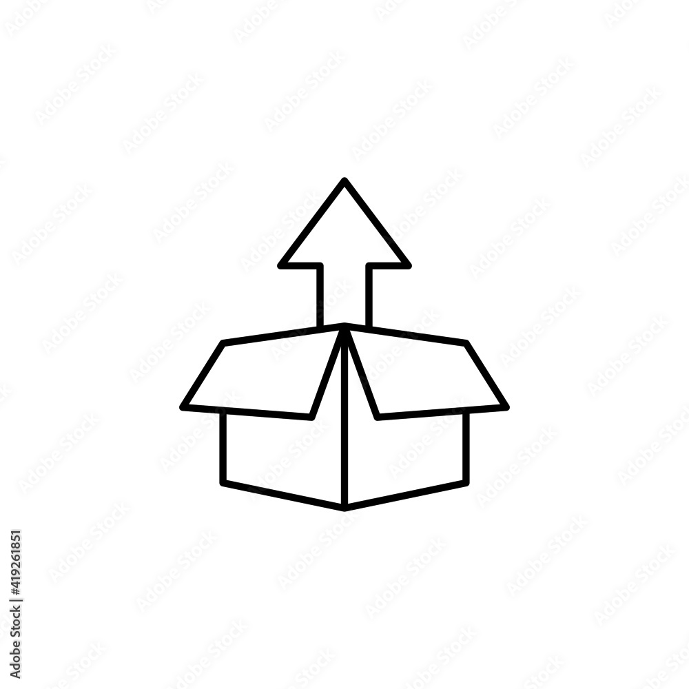 Box with arrow up icon in flat black line style, isolated on white background Box with arrow up icon in flat black line style, isolated on white background
