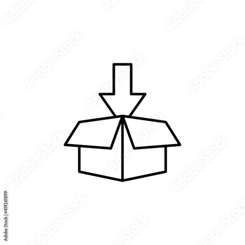 Box with arrow down icon, Box Package Delivery Shipping Move Arrow down in flat black line style, isolated on white background 