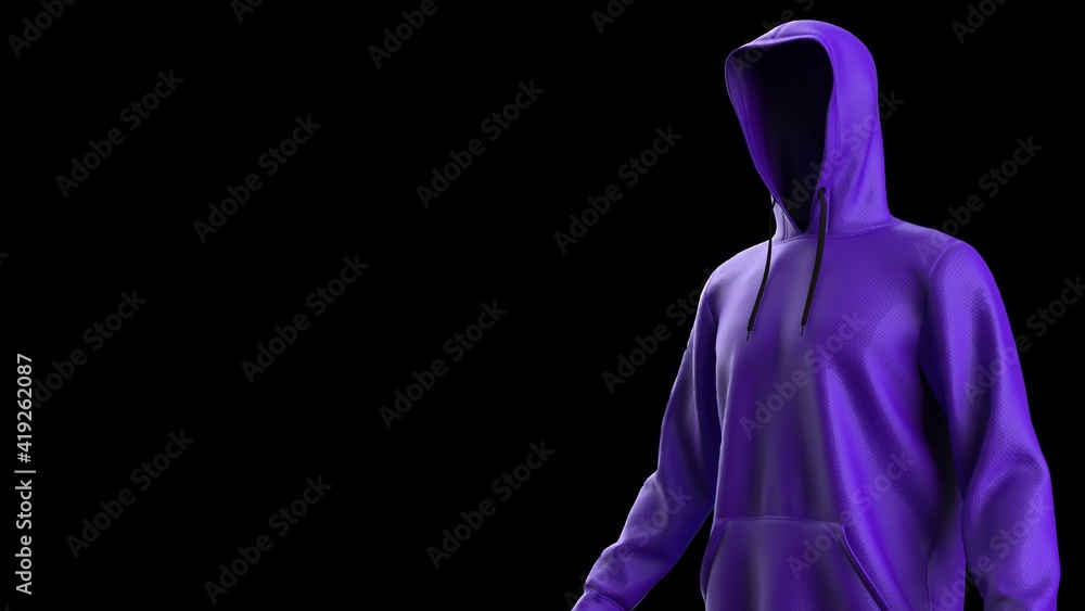 Anonymous hacker with purple hoodie in shadow under spot lighting background. Dangerous criminal concept image. 3D CG. 3D illustration. 3D high quality rendering.