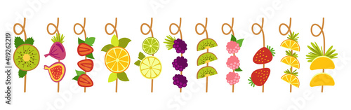 Hawaii fruit canape mix cartoon set. Tropical food kiwi, lime lemon, orange raspberry, strawberry. Vegan natural slice fruit skewers hand drawn flat design menu. Trendy vitamin vector illustration